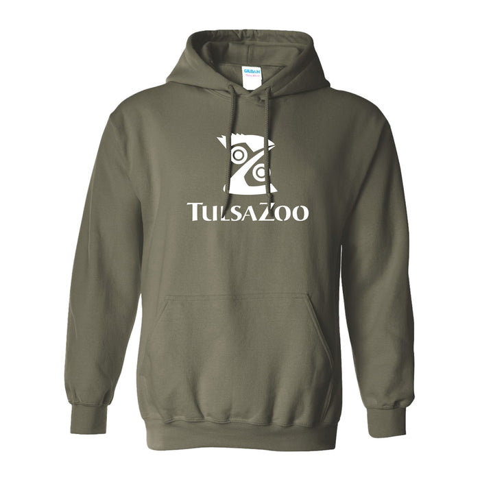 The Tulsa Zoo Logo Hooded Sweatshirt in olive green features a stylized white owl logo and bold lettering. With a front pocket and drawstrings, it’s perfect for animal lovers and conservation supporters.