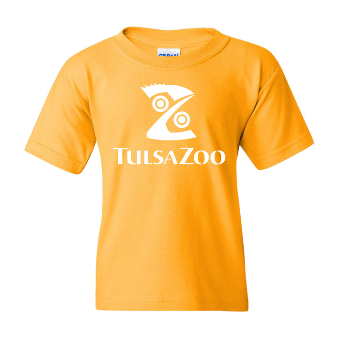 The Tulsa Zoo Logo Youth T-Shirt is a yellow tee for kids, showcasing a white stylized animal face logo above bold white "Tulsa Zoo" text—ideal for young animal lovers.