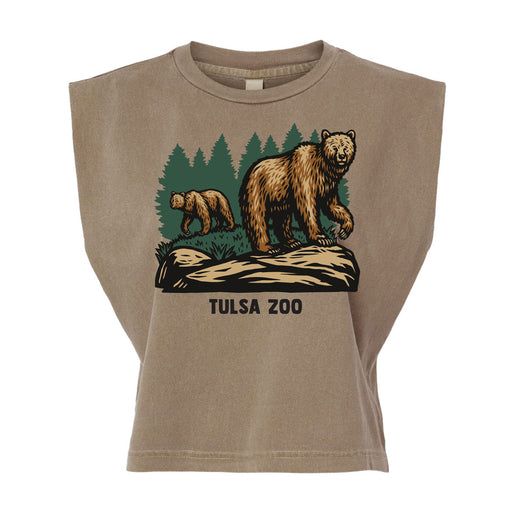 The Tulsa Zoo Brown Bear Women's Muscle T-Shirt showcases two illustrated bears on grass with pine trees behind and "TULSA ZOO" below—ideal for anyone who loves wildlife conservation.