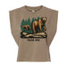 The Tulsa Zoo Brown Bear Women's Muscle T-Shirt showcases two illustrated bears on grass with pine trees behind and "TULSA ZOO" below—ideal for anyone who loves wildlife conservation.