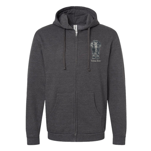 The Tulsa Zoo Elephant Hooded Zip Sweatshirt is dark gray with front pockets and a hood. The left chest shows an elephant head outline above the words “Tulsa Zoo.” A great choice for any Tulsa Zoo fan.
