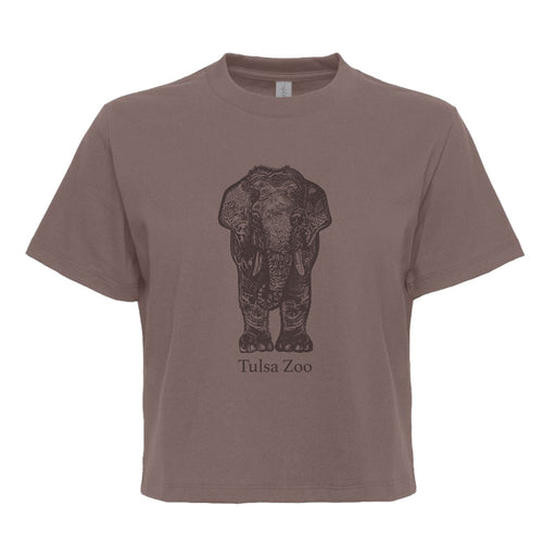 The Tulsa Zoo Elephant Women's Boxy T-Shirt in brown features a black line elephant graphic and "Tulsa Zoo" text—ideal for wildlife supporters and Tulsa Zoo fans.