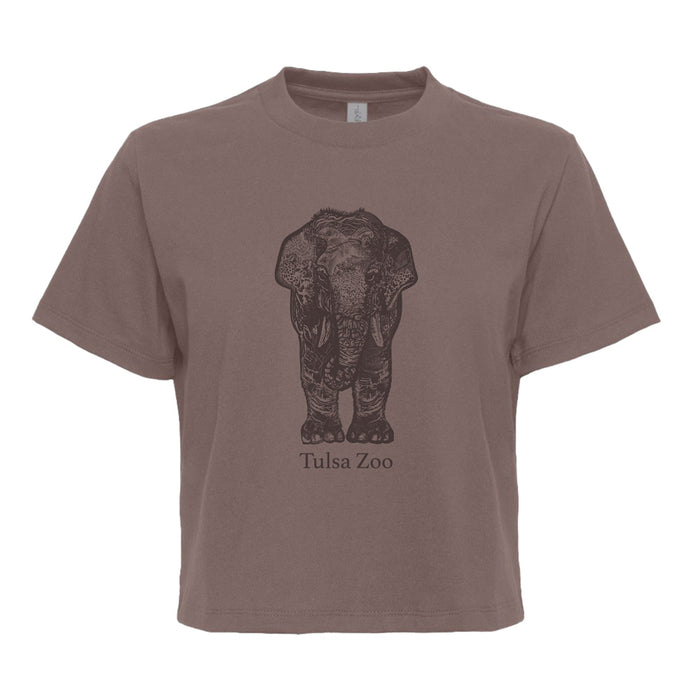 The Tulsa Zoo Elephant Women's Boxy T-Shirt in brown features a black line elephant graphic and "Tulsa Zoo" text—ideal for wildlife supporters and Tulsa Zoo fans.