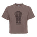 The Tulsa Zoo Elephant Women's Boxy T-Shirt in brown features a black line elephant graphic and "Tulsa Zoo" text—ideal for wildlife supporters and Tulsa Zoo fans.