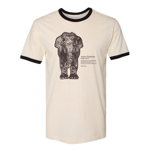 The Tulsa Zoo Elephant Ringer T-Shirt is cream-colored with black collar and cuffs, featuring a detailed Asian elephant illustration and text—ideal for wildlife conservation fans and Tulsa Zoo supporters.