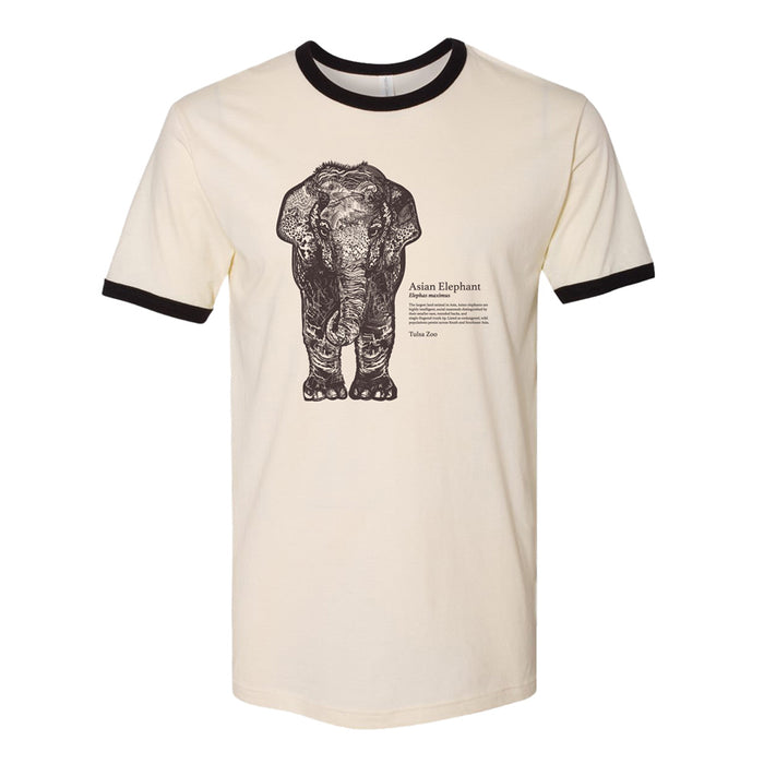The Tulsa Zoo Elephant Ringer T-Shirt is cream-colored with black collar and cuffs, featuring a detailed Asian elephant illustration and text—ideal for wildlife conservation fans and Tulsa Zoo supporters.