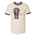 The Tulsa Zoo Elephant Ringer T-Shirt is cream-colored with black collar and cuffs, featuring a detailed Asian elephant illustration and text—ideal for wildlife conservation fans and Tulsa Zoo supporters.