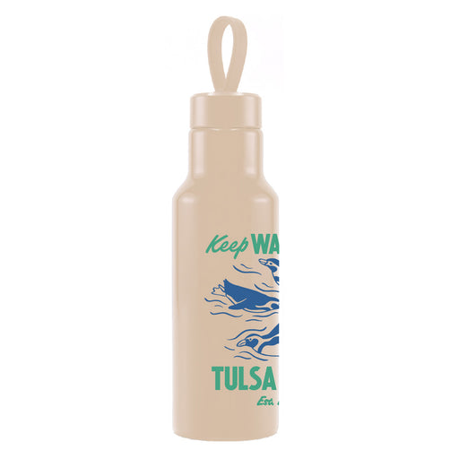 The Tulsa Zoo Penguin Water Bottle is a beige, eco-friendly bottle featuring a looped handle, blue swimming hands design, bold green "Keep Water" and "Tulsa" text, plus small green writing—ideal for sustainable style enthusiasts.