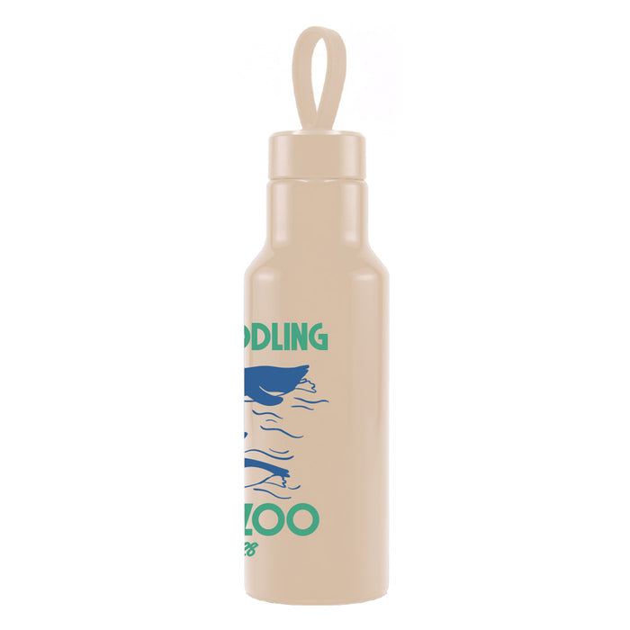 The Tulsa Zoo Penguin Water Bottle is a beige recycled aluminum bottle with a looped lid, decorated with blue sea animal illustrations and partially visible green text on the side.