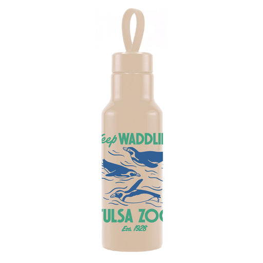 The Tulsa Zoo Penguin Water Bottle is beige, eco-friendly, with a looped cap. It features blue swimming penguin illustrations and "Keep Waddling, Tulsa Zoo Penguin Water Bottle, Est. 1928" in green and blue text.