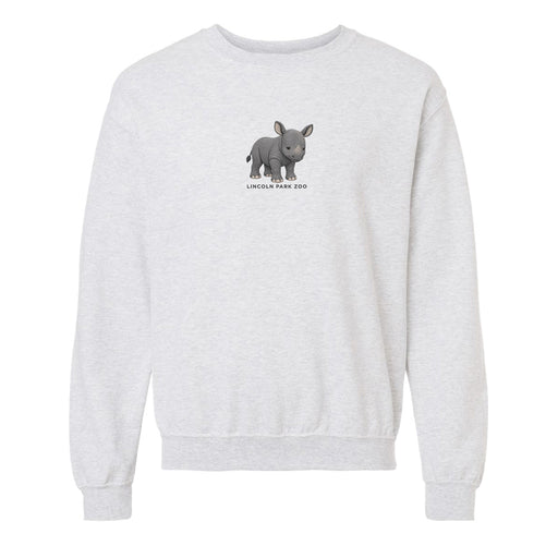 The Lincoln Park Zoo Embroidered Baby Rhino Sweatshirt is a light gray sweatshirt featuring a small, cartoon baby rhino above the text LINCOLN PARK ZOO on the front—a cute and cozy tribute to rhino conservation efforts at Lincoln Park Zoo.