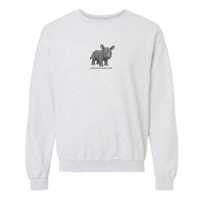 The Lincoln Park Zoo Embroidered Baby Rhino Sweatshirt is a light gray sweatshirt featuring a small, cartoon baby rhino above the text LINCOLN PARK ZOO on the front—a cute and cozy tribute to rhino conservation efforts at Lincoln Park Zoo.
