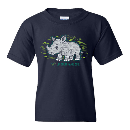 The Lincoln Park Zoo Rhino Sketch Youth T-Shirt is a navy blue tee featuring a cartoon baby rhino standing on green grass, with “Lincoln Park Zoo” printed below to support animal conservation.