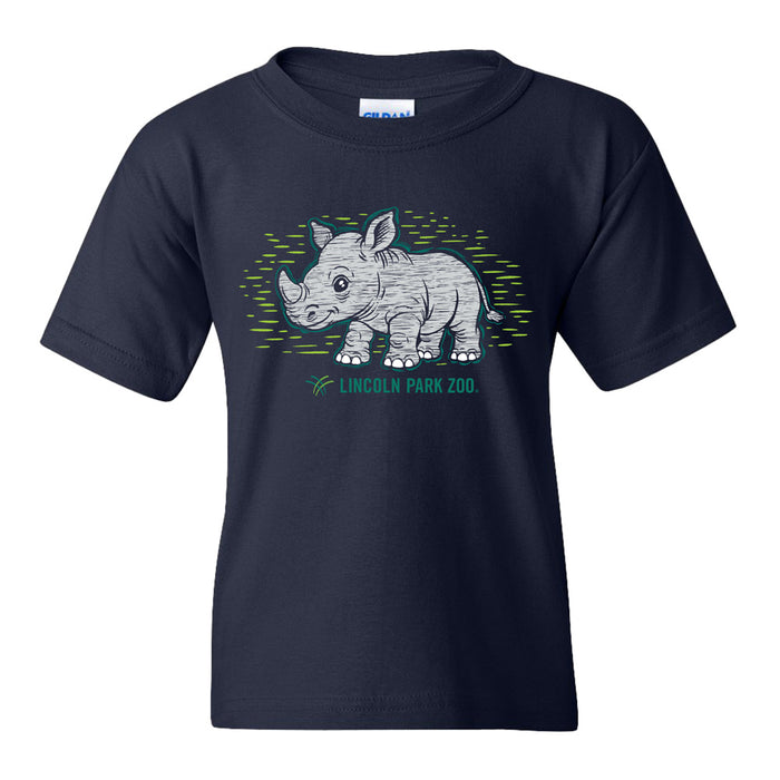 The Lincoln Park Zoo Rhino Sketch Youth T-Shirt is a navy blue tee featuring a cartoon baby rhino standing on green grass, with “Lincoln Park Zoo” printed below to support animal conservation.