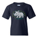 The Lincoln Park Zoo Rhino Sketch Youth T-Shirt is a navy blue tee featuring a cartoon baby rhino standing on green grass, with “Lincoln Park Zoo” printed below to support animal conservation.
