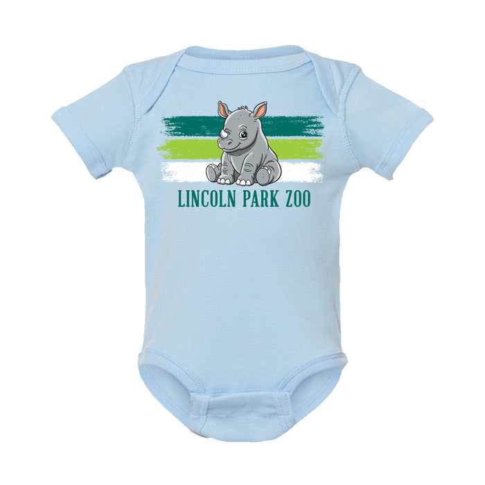 The Lincoln Park Zoo Baby Rhino Infant Onesie features a light blue design with a cartoon rhino sitting before green, blue, and white stripes, and “Lincoln Park Zoo” printed below—a charming tribute to wildlife conservation.