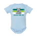 The Lincoln Park Zoo Baby Rhino Infant Onesie features a light blue design with a cartoon rhino sitting before green, blue, and white stripes, and “Lincoln Park Zoo” printed below—a charming tribute to wildlife conservation.