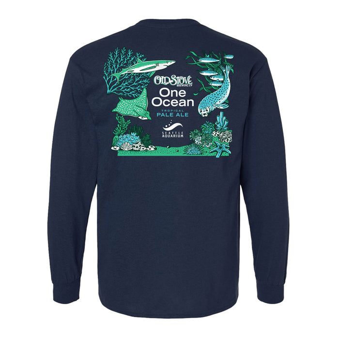The Seattle Aquarium Old Stove Brewing Co. T-Shirt is a navy long-sleeve tee adorned with aquatic illustrations and the words “Old Stove One Ocean Pacific Pale Ale” above the Seattle Aquarium logo on the back. Featuring vibrant green and blue depictions of fish, coral, and seaweed, this shirt highlights marine conservation and celebrates ocean life.