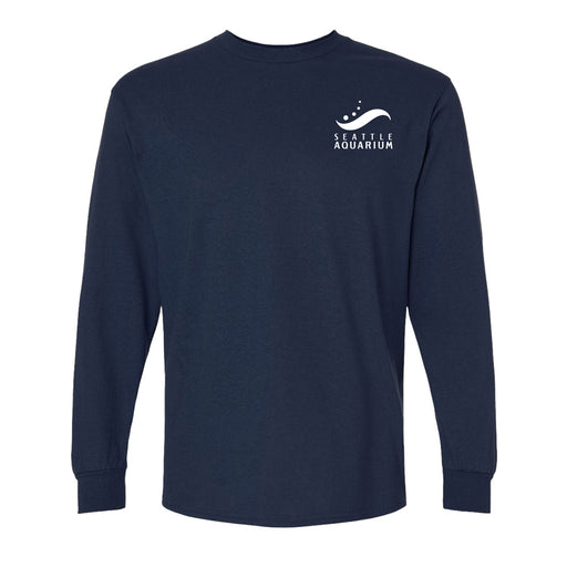 Show your support for marine conservation with the Seattle Aquarium Old Stove Brewing Co. T-Shirt—a navy blue long-sleeve shirt featuring the Seattle Aquarium logo in white on the upper left chest area.
