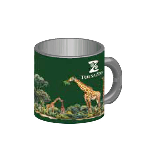 The Tulsa Zoo Giraffe Mini Mug Magnet is a green magnet with giraffe and tree illustrations, "ZOO" text, and an animal logo, inspired by Tulsa Zoo’s wildlife conservation efforts.