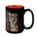 The Tulsa Zoo Portraits of Conversation Tiger Mug is a black ceramic mug with a red interior, featuring a realistic tiger image—perfect for supporting tiger conservation and wildlife education.