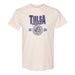 The Tulsa Zoo Collegiate Tiger T-Shirt is cream-colored with "Tulsa Zoo," "1928," bold orange and blue accents, and a circular tiger head logo—perfect for showing your support for wildlife conservation.