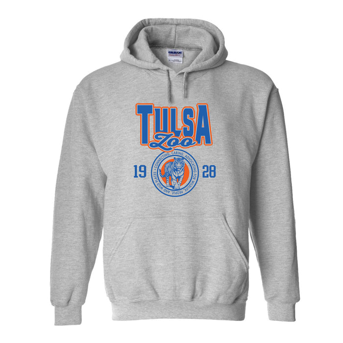 The Tulsa Zoo Collegiate Tiger Hooded Sweatshirt features bold blue and orange Tulsa Zoo text, "1928" flanking a circular tiger emblem—perfect for displaying your support for wildlife conservation.