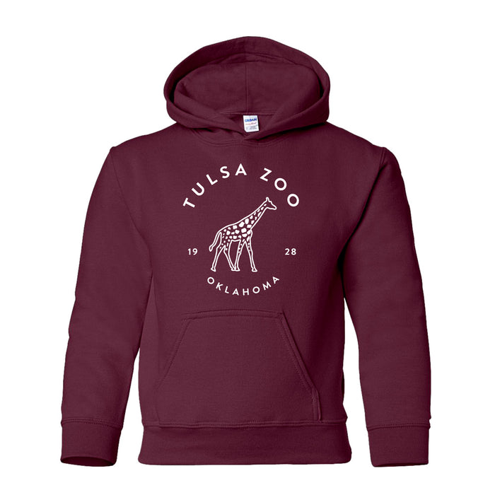 The Tulsa Zoo Simple Giraffe Hooded Youth Sweatshirt is maroon with a white giraffe graphic and "Tulsa Zoo 1928 Oklahoma" in a circular front design, celebrating wildlife conservation.