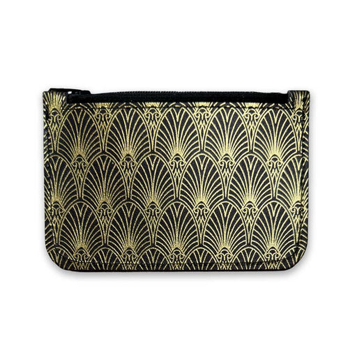 The Mob Museum Coin Purse is a small zippered pouch made from recycled leather, featuring a striking gold Art Deco fan pattern on a black background and photographed against white—a stylish accessory that makes the perfect Las Vegas souvenir.