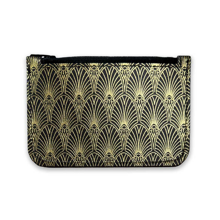 The Mob Museum Coin Purse is a small zippered pouch made from recycled leather, featuring a striking gold Art Deco fan pattern on a black background and photographed against white—a stylish accessory that makes the perfect Las Vegas souvenir.