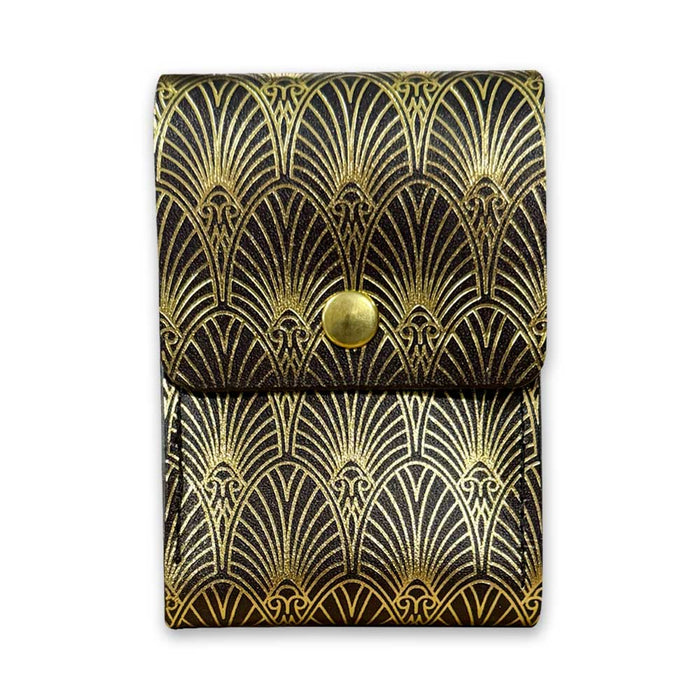 Introducing The Mob Museum Playing Card Holder—a compact, rectangular pouch adorned with a gold and black Art Deco fan pattern, finished with a flap secured by a round metallic button clasp. This stylish accessory is perfect for holding playing cards, capturing the timeless glamour of organized crime history celebrated at the Mob Museum.