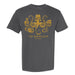 THe Mob Museum Mobster Octopus T-Shirt, showcasing a yellow octopus in a fedora holding a money bag, cards, a gun, and handcuffs, with “The Mob Museum Las Vegas” text below.