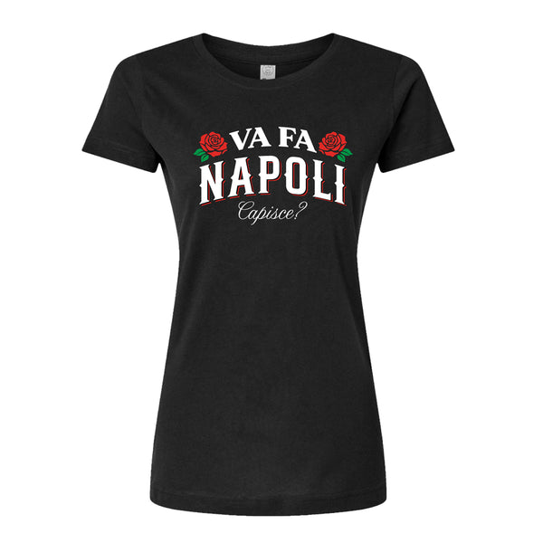 The Mob Museum Va Fa Napoli Women’s T-Shirt features the phrase “Va Fa Napoli Capisce?” in striking white and red lettering, accented by two red roses flanking the word “Napoli.” Designed for fans of mob history, this bold black women’s t-shirt is a stylish choice for a night out or your next visit to the Mob Museum in Las Vegas.