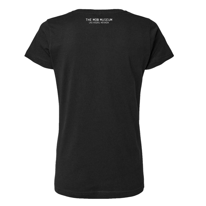 Back view of The Mob Museum Va Fa Napoli Women’s T-Shirt in black, featuring “THE MOB MUSEUM LAS VEGAS, NEVADA” printed in small white letters at the top center near the neckline—a subtle nod to Las Vegas mob history.