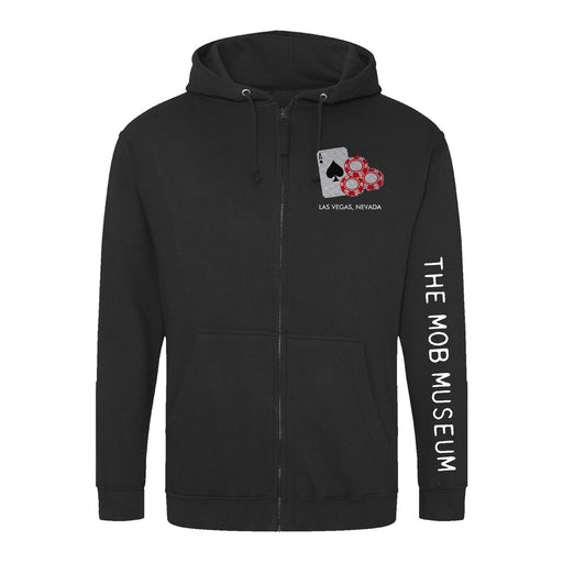 The Mob Museum Hooded Zip Sweatshirt features a black zip-up design with “THE MOB MUSEUM” text down the right sleeve and a chest logo displaying a spade card, poker chips, and “Las Vegas, Nevada”—making it an ideal sweatshirt for fans of organized crime history and stylish Mob Museum apparel.