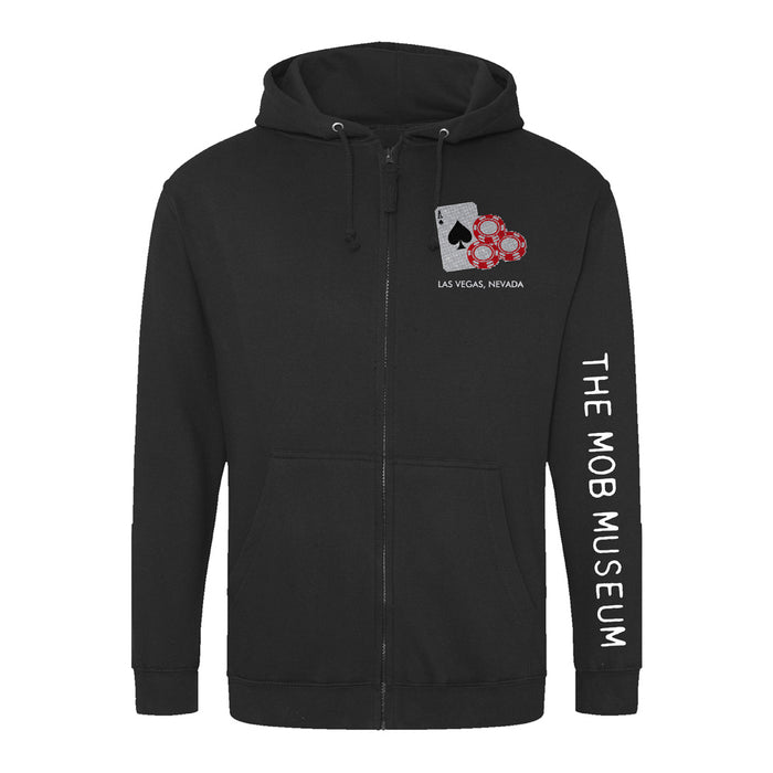 The Mob Museum Hooded Zip Sweatshirt features a black zip-up design with “THE MOB MUSEUM” text down the right sleeve and a chest logo displaying a spade card, poker chips, and “Las Vegas, Nevada”—making it an ideal sweatshirt for fans of organized crime history and stylish Mob Museum apparel.