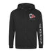 The Mob Museum Hooded Zip Sweatshirt features a black zip-up design with “THE MOB MUSEUM” text down the right sleeve and a chest logo displaying a spade card, poker chips, and “Las Vegas, Nevada”—making it an ideal sweatshirt for fans of organized crime history and stylish Mob Museum apparel.
