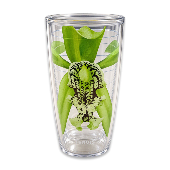 Clear insulated Marie Selby Botanical Gardens Orchid Cup featuring a green flower print.