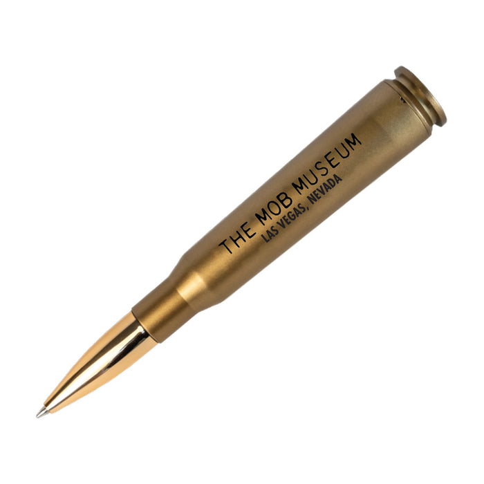 The Mob Museum Bullet Pen is styled to resemble a gold bullet casing, featuring “THE MOB MUSEUM LAS VEGAS, NEVADA” printed on the side—a distinctive Las Vegas souvenir for true crime history enthusiasts.