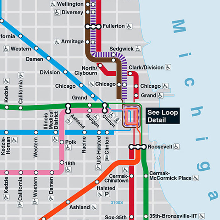 The CTA Rail System Map Poster displays a detailed segment of the Chicago Transit Authority (CTA) L train lines, stations, and nearby streets in downtown and the Loop area, with Lake Michigan forming the eastern border. This poster uses colored lines to distinguish various train routes and transfer points, offering a clear overview reminiscent of a classic CTA Rail System Map.