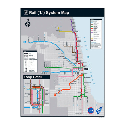 The CTA Rail System Map Poster showcases the Chicago Transit Authority rail network, with clearly marked colored train lines, stations, and citywide routes—including a focused inset of the downtown Loop area. North is oriented at the top of the poster.