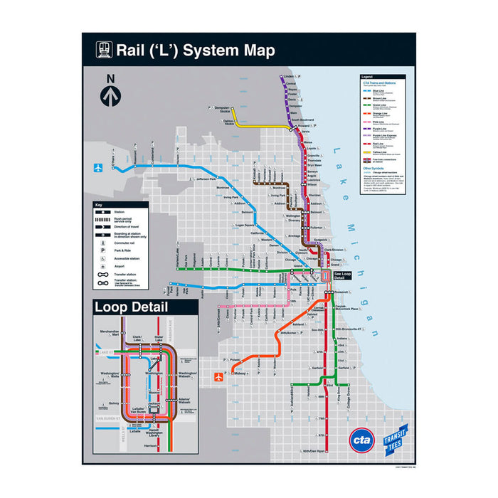 The CTA Rail System Map Poster showcases the Chicago Transit Authority rail network, with clearly marked colored train lines, stations, and citywide routes—including a focused inset of the downtown Loop area. North is oriented at the top of the poster.