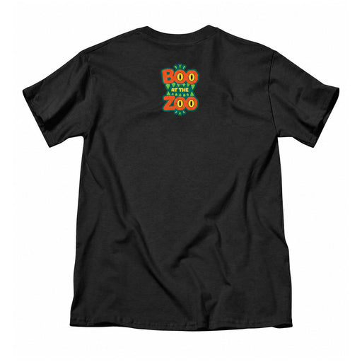 The Zoo Knoxville Spooky Season T-Shirt is a black tee featuring small, colorful “BOO AT THE ZOO” text in green, orange, and yellow on the upper back—a festive tribute to Zoo Knoxville’s Spooky Season. The shirt is displayed flat against a white background.