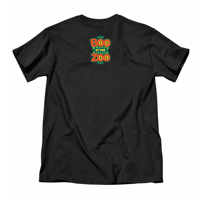 The Zoo Knoxville Spooky Season T-Shirt is a black tee featuring small, colorful “BOO AT THE ZOO” text in green, orange, and yellow on the upper back—a festive tribute to Zoo Knoxville’s Spooky Season. The shirt is displayed flat against a white background.