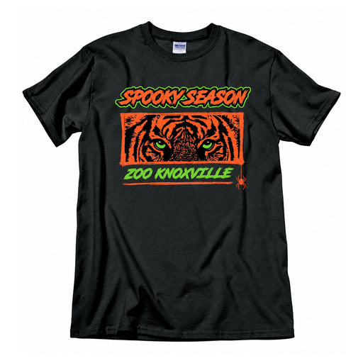 Show your support for wildlife preservation in style with the Zoo Knoxville Spooky Season T-Shirt—a black tee featuring a vibrant orange tiger’s face with striking green eyes, “Spooky Season” in neon green above, “Zoo Knoxville” below, and a small red spider on the lower right.