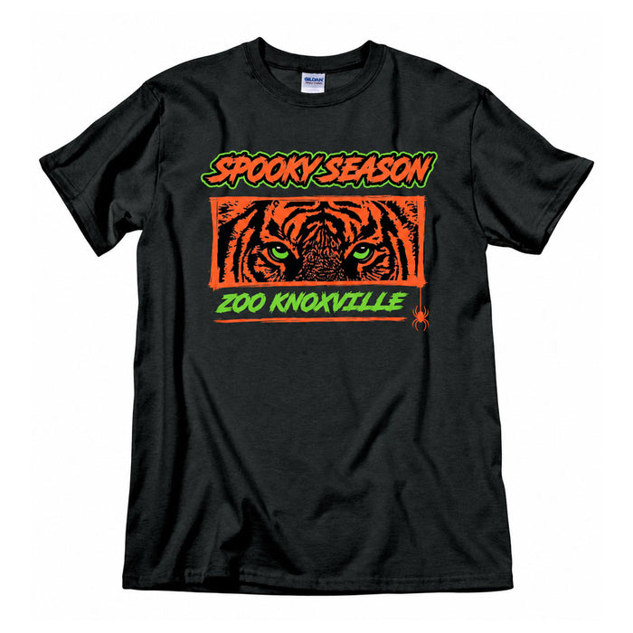 Show your support for wildlife preservation in style with the Zoo Knoxville Spooky Season T-Shirt—a black tee featuring a vibrant orange tiger’s face with striking green eyes, “Spooky Season” in neon green above, “Zoo Knoxville” below, and a small red spider on the lower right.