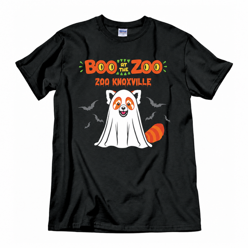 The Zoo Knoxville Boo at the Zoo T-Shirt is a black Halloween shirt featuring a cartoon red panda dressed as a ghost and surrounded by bats. Colorful text above and below reads “Boo at the Zoo” and “Zoo Knoxville,” making it the perfect festive tee for celebrating Boo at the Zoo events.