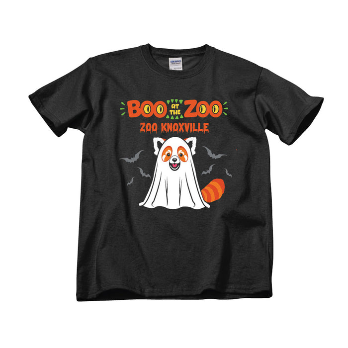 Celebrate Halloween in style with the Zoo Knoxville Boo at the Zoo T-Shirt! This black tee showcases a cute cartoon red panda dressed as a ghost, surrounded by playful bats. Vibrant orange and yellow lettering above the design reads “Boo at the Zoo Zoo Knoxville,” making it a must-have for animal lovers and fans of festive fun.