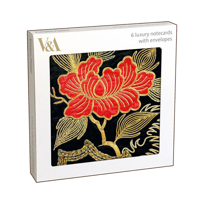 Kimono Flower 6-Pack Notecards featuring an embroidered-style red and gold Japanese floral design on a black background.