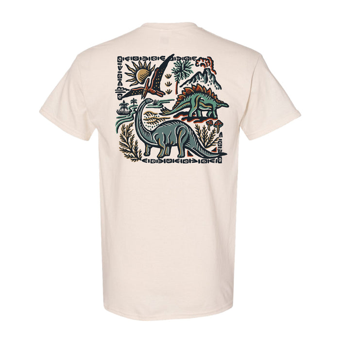 Light beige t-shirt with a back graphic featuring a brontosaurus, stegosaurus, and pterodactyl in a prehistoric landscape with a volcano.